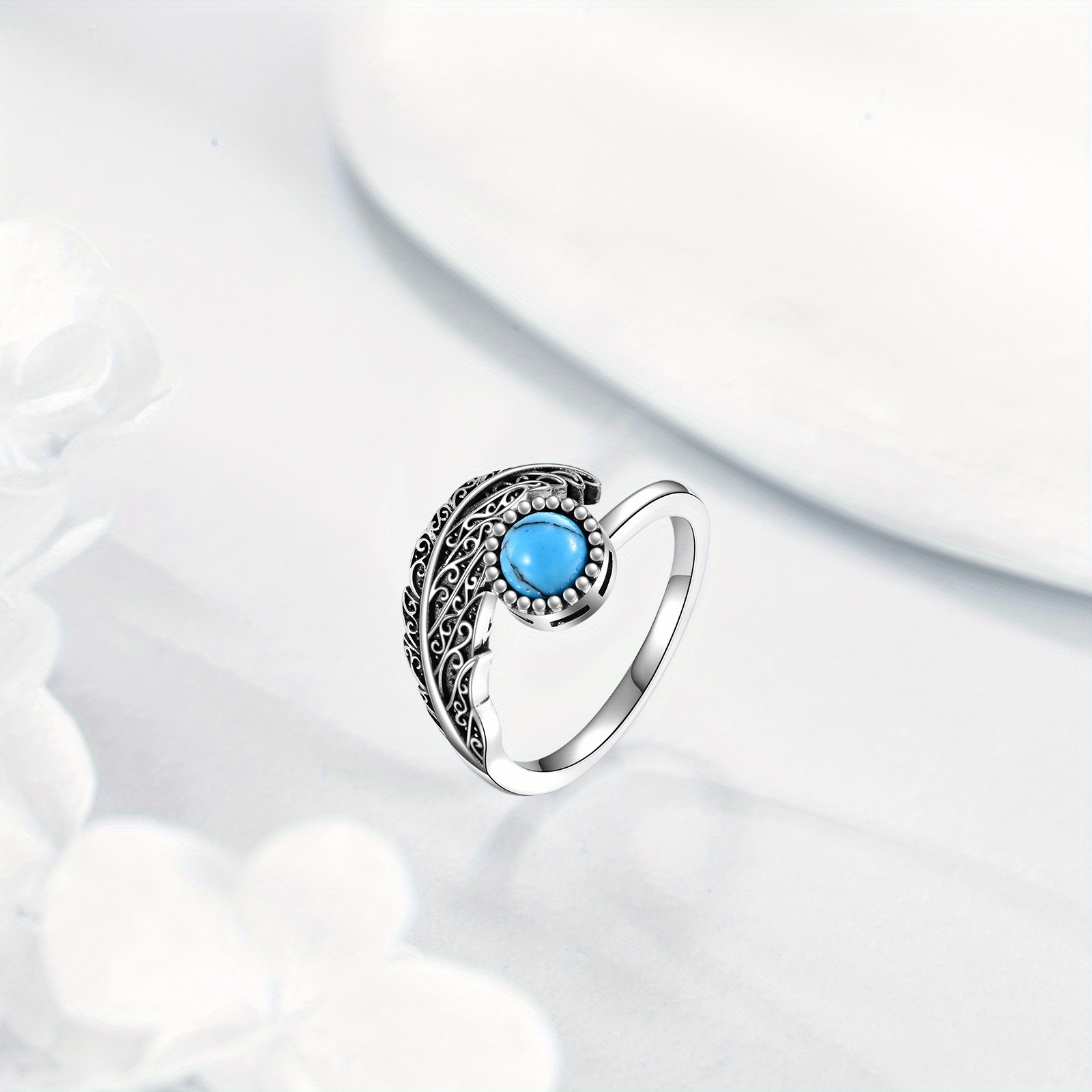 Feather Anxiety Fidget Rings 925 Sterling Silver Adjustable Turquoise Ring